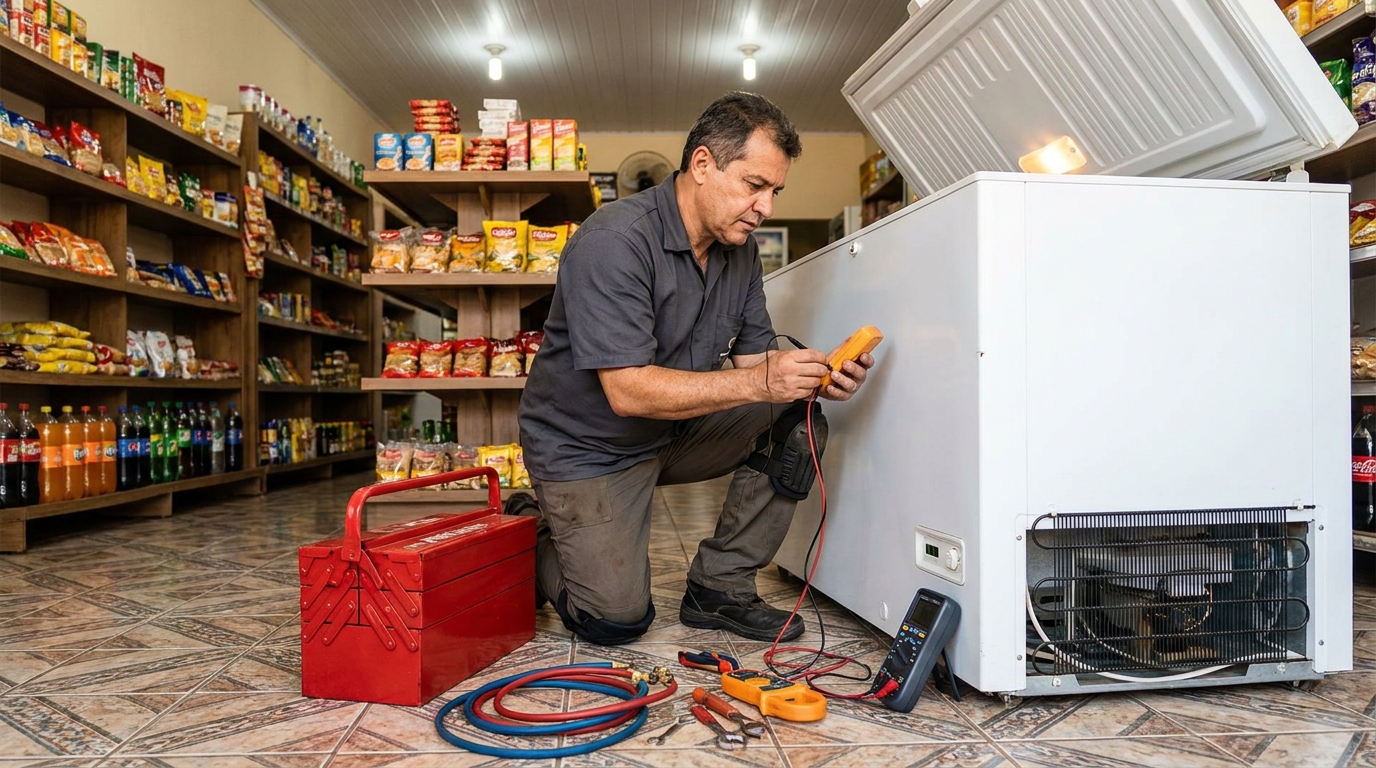 Manômetro conectado ao circuito durante recarga de gás de freezer em Passo Fundo‑RS