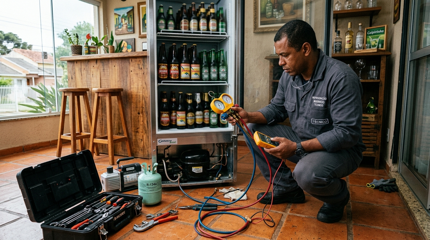 Técnico conferindo a temperatura de uma cervejeira durante atendimento em Passo Fundo‑RS