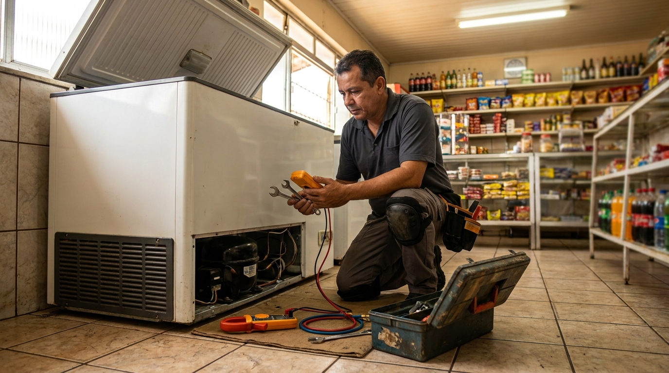 Técnico avaliando um freezer vertical durante atendimento em Passo Fundo‑RS