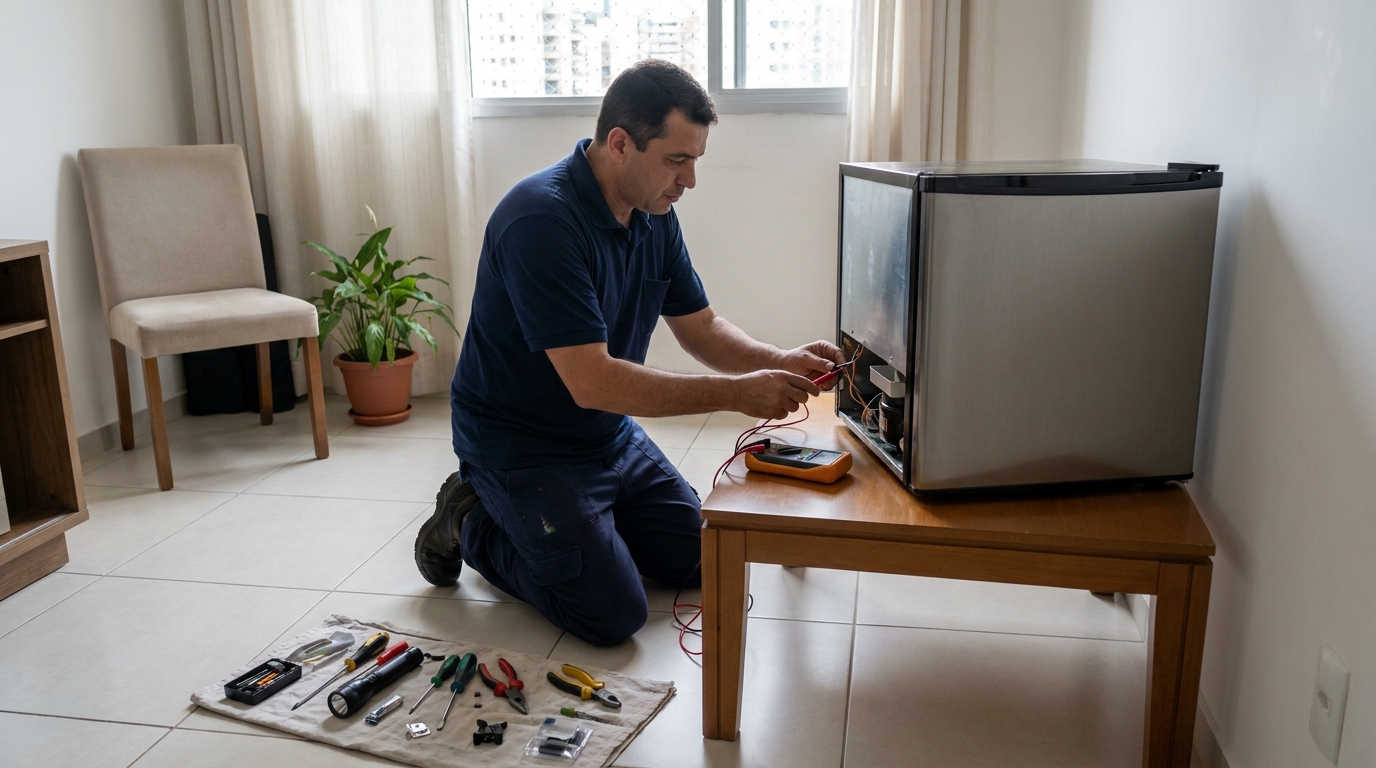 Técnico avaliando um frigobar compacto durante atendimento em Passo Fundo‑RS
